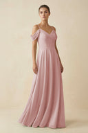 Off - the - Shoulder A - Line Pleated Chiffon Bridesmaid Gown in Dusty Rose - SHE IS ME Bridesmaid Dresses