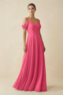 Off - the - Shoulder A - Line Pleated Chiffon Bridesmaid Gown in Fuchsia - SHE IS ME Bridesmaid Dresses