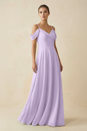Off - the - Shoulder A - Line Pleated Chiffon Bridesmaid Gown in Lavender - SHE IS ME Bridesmaid Dresses