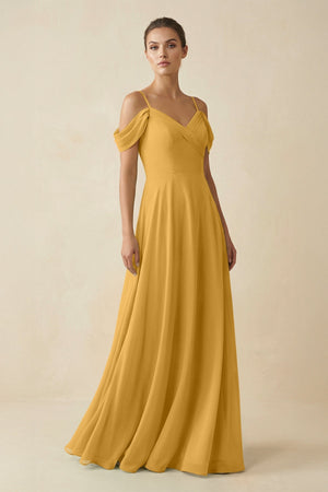 Off - the - Shoulder A - Line Pleated Chiffon Bridesmaid Gown in Marigold - SHE IS ME Bridesmaid Dresses