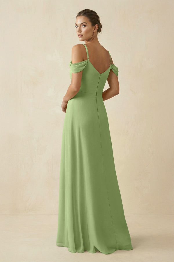 Off - the - Shoulder A - Line Pleated Chiffon Bridesmaid Gown in Matcha - SHE IS ME Bridesmaid Dresses