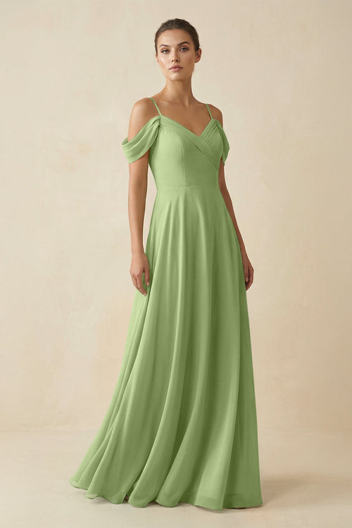 Off - the - Shoulder A - Line Pleated Chiffon Bridesmaid Gown in Matcha - SHE IS ME Bridesmaid Dresses