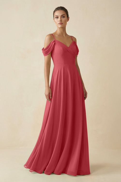 Off - the - Shoulder A - Line Pleated Chiffon Bridesmaid Gown in Merlot - SHE IS ME Bridesmaid Dresses