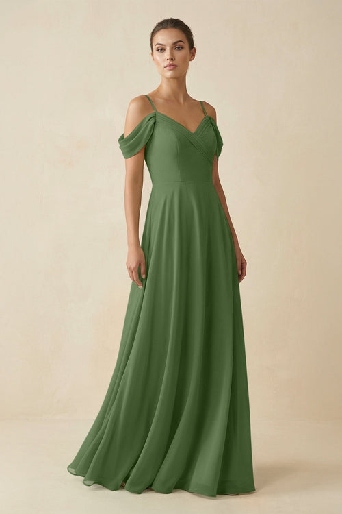 Off - the - Shoulder A - Line Pleated Chiffon Bridesmaid Gown in Moss - SHE IS ME Bridesmaid Dresses