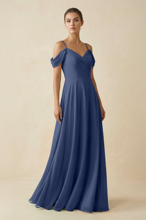 Off - the - Shoulder A - Line Pleated Chiffon Bridesmaid Gown in Navy - SHE IS ME Bridesmaid Dresses