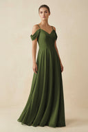 Off - the - Shoulder A - Line Pleated Chiffon Bridesmaid Gown in Olive - SHE IS ME Bridesmaid Dresses