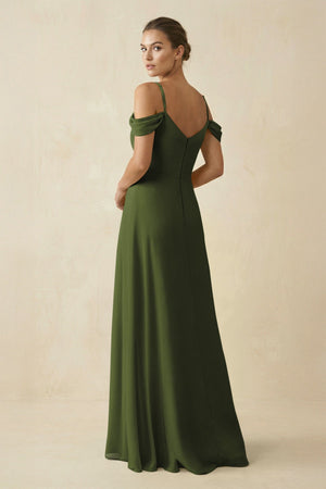 Off - the - Shoulder A - Line Pleated Chiffon Bridesmaid Gown in Olive - SHE IS ME Bridesmaid Dresses