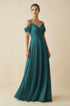 Off - the - Shoulder A - Line Pleated Chiffon Bridesmaid Gown in Pine - SHE IS ME Bridesmaid Dresses