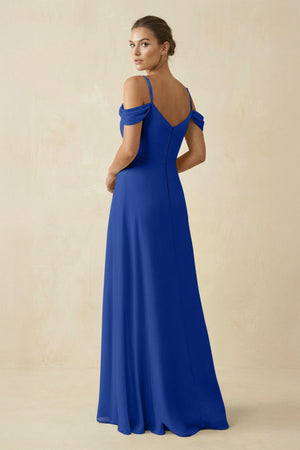 Off - the - Shoulder A - Line Pleated Chiffon Bridesmaid Gown in Royal Blue - SHE IS ME Bridesmaid Dresses