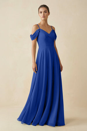Off - the - Shoulder A - Line Pleated Chiffon Bridesmaid Gown in Royal Blue - SHE IS ME Bridesmaid Dresses