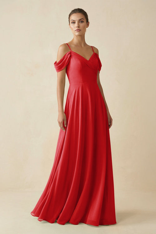 Off - the - Shoulder A - Line Pleated Chiffon Bridesmaid Gown in Ruby Red - SHE IS ME Bridesmaid Dresses