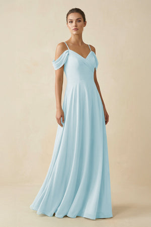 Off - the - Shoulder A - Line Pleated Chiffon Bridesmaid Gown in Sky Blue - SHE IS ME Bridesmaid Dresses