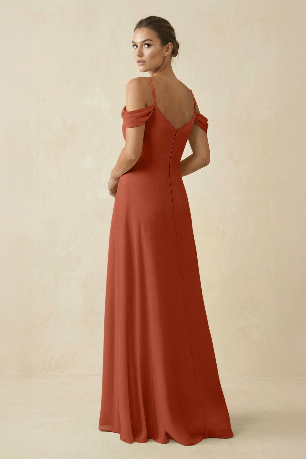 Off - the - Shoulder A - Line Pleated Chiffon Bridesmaid Gown in Spice - SHE IS ME Bridesmaid Dresses