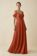 Off - the - Shoulder A - Line Pleated Chiffon Bridesmaid Gown in Spice - SHE IS ME Bridesmaid Dresses