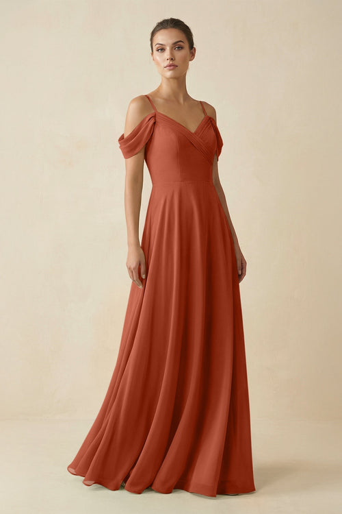 Off - the - Shoulder A - Line Pleated Chiffon Bridesmaid Gown in Spice - SHE IS ME Bridesmaid Dresses