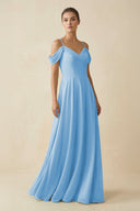 Off - the - Shoulder A - Line Pleated Chiffon Bridesmaid Gown in Steel Blue - SHE IS ME Bridesmaid Dresses