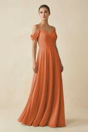 Off - the - Shoulder A - Line Pleated Chiffon Bridesmaid Gown in Terracotta - SHE IS ME Bridesmaid Dresses