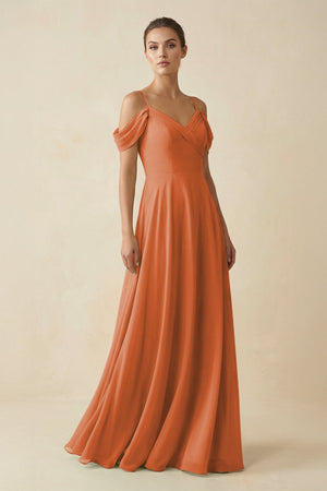 Off - the - Shoulder A - Line Pleated Chiffon Bridesmaid Gown in Terracotta - SHE IS ME Bridesmaid Dresses