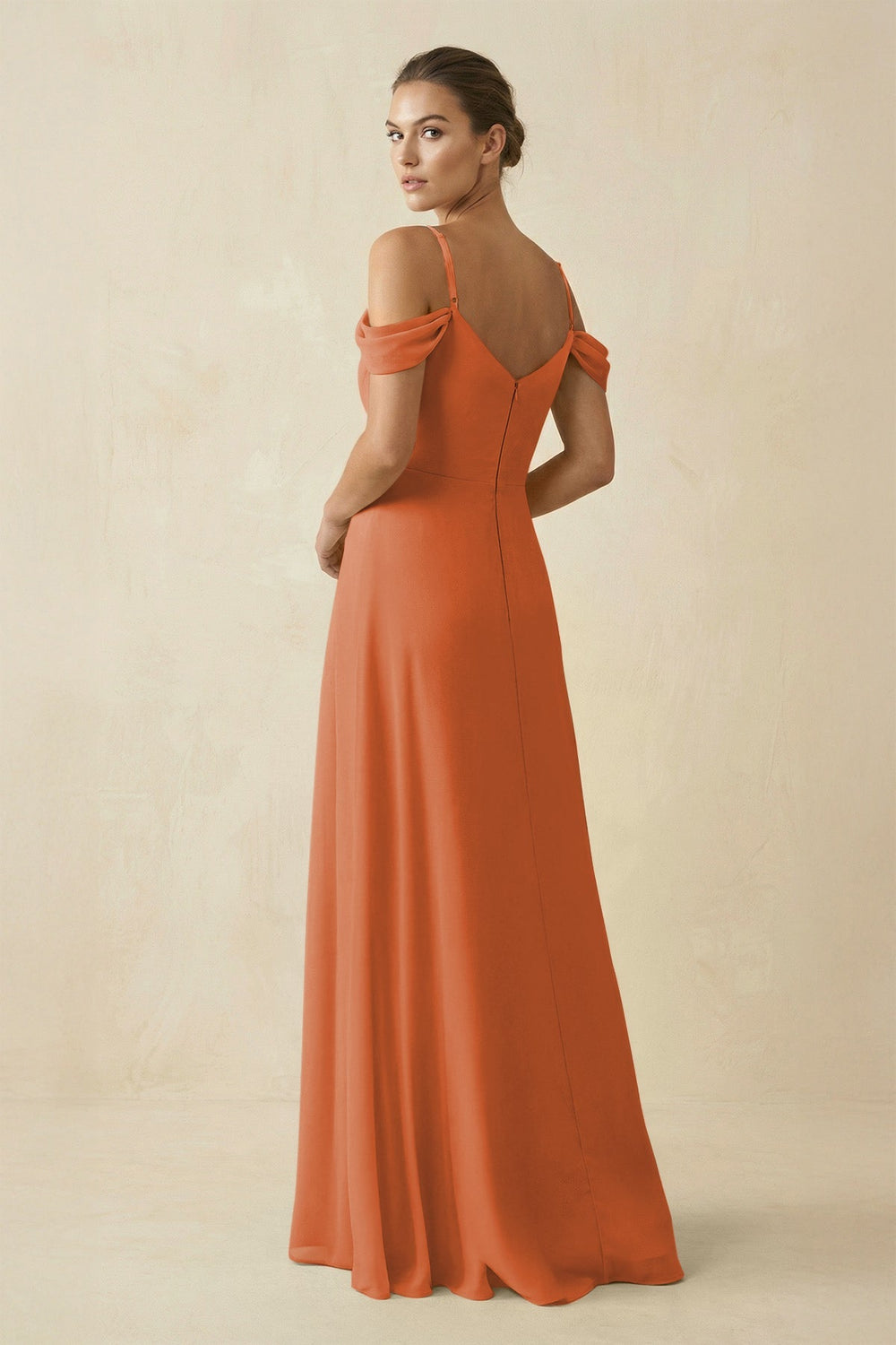 Off - the - Shoulder A - Line Pleated Chiffon Bridesmaid Gown in Terracotta - SHE IS ME Bridesmaid Dresses