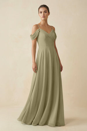Off - the - Shoulder A - Line Pleated Chiffon Bridesmaid Gown in Thyme - SHE IS ME Bridesmaid Dresses