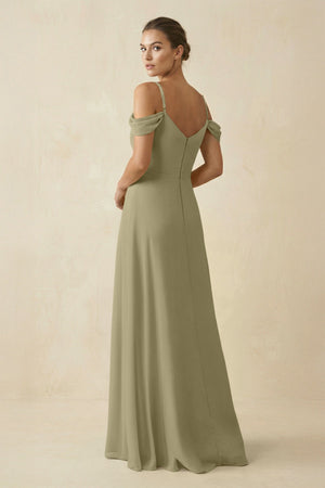 Off - the - Shoulder A - Line Pleated Chiffon Bridesmaid Gown in Thyme - SHE IS ME Bridesmaid Dresses