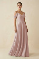 Off - the - Shoulder A - Line Pleated Chiffon Bridesmaid Gown in Toffee - SHE IS ME Bridesmaid Dresses