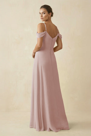 Off - the - Shoulder A - Line Pleated Chiffon Bridesmaid Gown in Toffee - SHE IS ME Bridesmaid Dresses