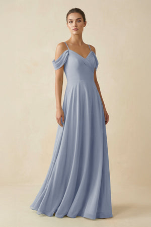 Off - the - Shoulder A - Line Pleated Chiffon Bridesmaid Gown in Twilight - SHE IS ME Bridesmaid Dresses