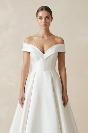 Off - the - shoulder A - Line Satin Wedding Dress - SHE IS ME Wedding Dresses