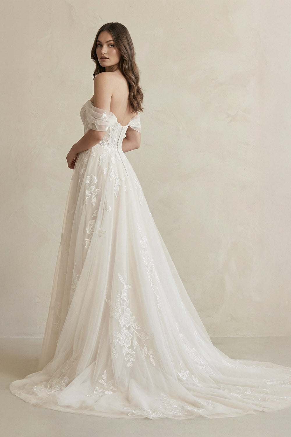 Off The Shoulder A Line Tulle Wedding Dress With Appliques in Ivory - SHE IS ME Wedding Dresses