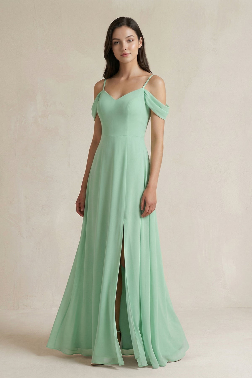 Off-the-Shoulder Chiffon A-Line Bridesmaid Dress in Pale Pistachio - SHE IS ME BRIDESMAID DRESSES