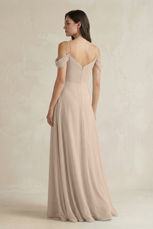 Off - the - Shoulder Chiffon A - Line Bridesmaid Dress in Almond - SHE IS ME Bridesmaid Dresses