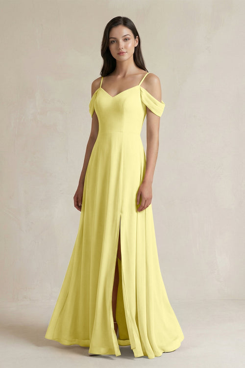 Off - the - Shoulder Chiffon A - Line Bridesmaid Dress in Buttercup - SHE IS ME Bridesmaid Dresses