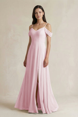 Off - the - Shoulder Chiffon A - Line Bridesmaid Dress in Candy Pink - SHE IS ME Bridesmaid Dresses