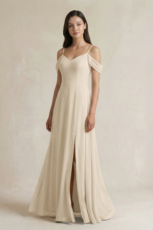 Off - the - Shoulder Chiffon A - Line Bridesmaid Dress in Champagne - SHE IS ME Bridesmaid Dresses