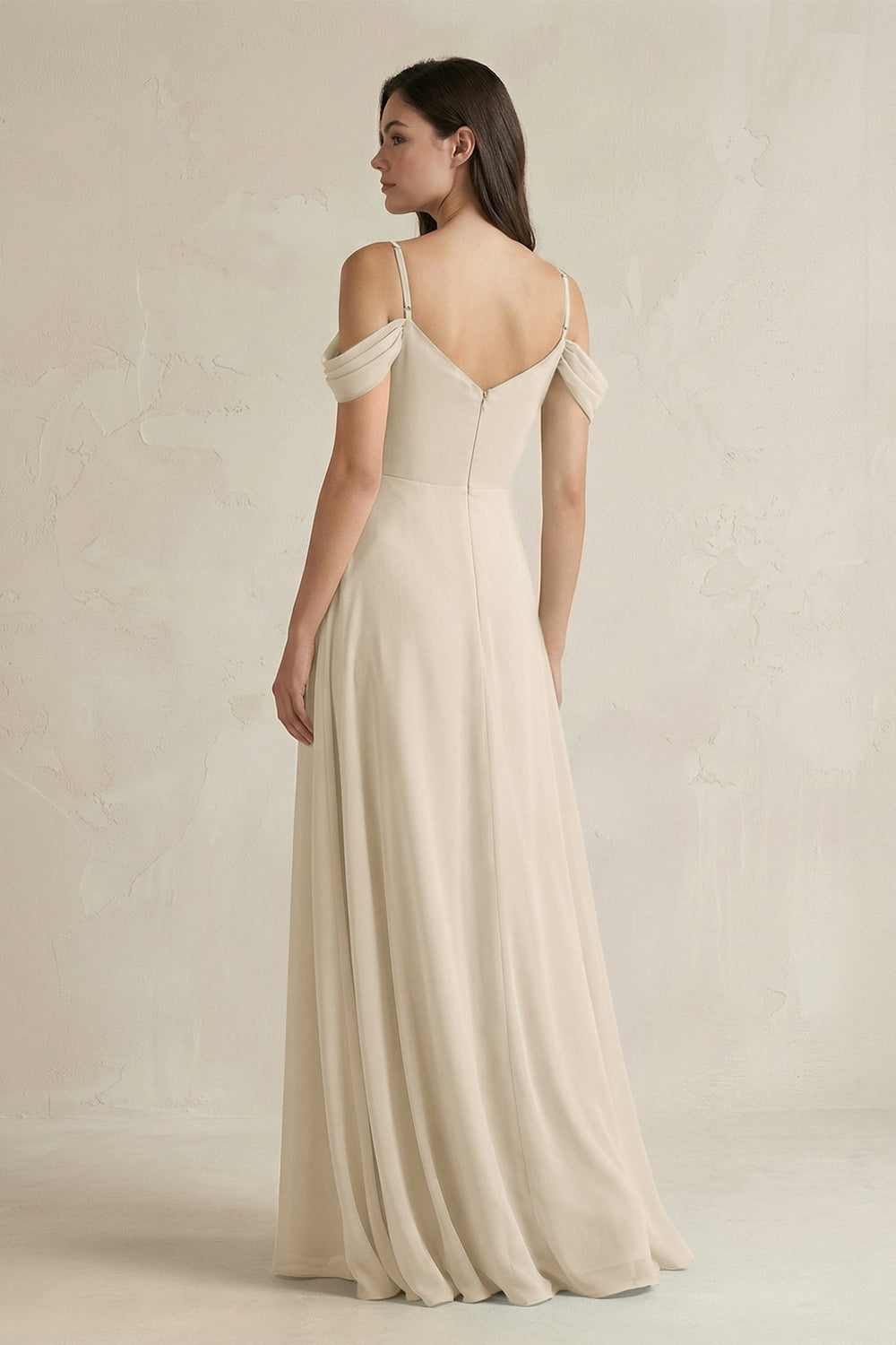 Off - the - Shoulder Chiffon A - Line Bridesmaid Dress in Champagne - SHE IS ME Bridesmaid Dresses