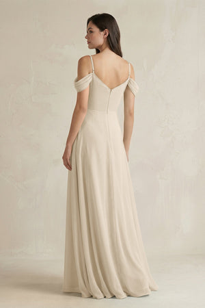 Off - the - Shoulder Chiffon A - Line Bridesmaid Dress in Champagne - SHE IS ME Bridesmaid Dresses