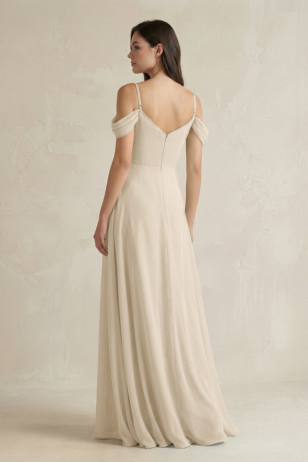 Off - the - Shoulder Chiffon A - Line Bridesmaid Dress in Champagne - SHE IS ME Bridesmaid Dresses