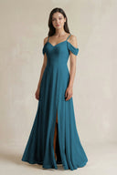Off - the - Shoulder Chiffon A - Line Bridesmaid Dress in Dark Teal - SHE IS ME Bridesmaid Dresses