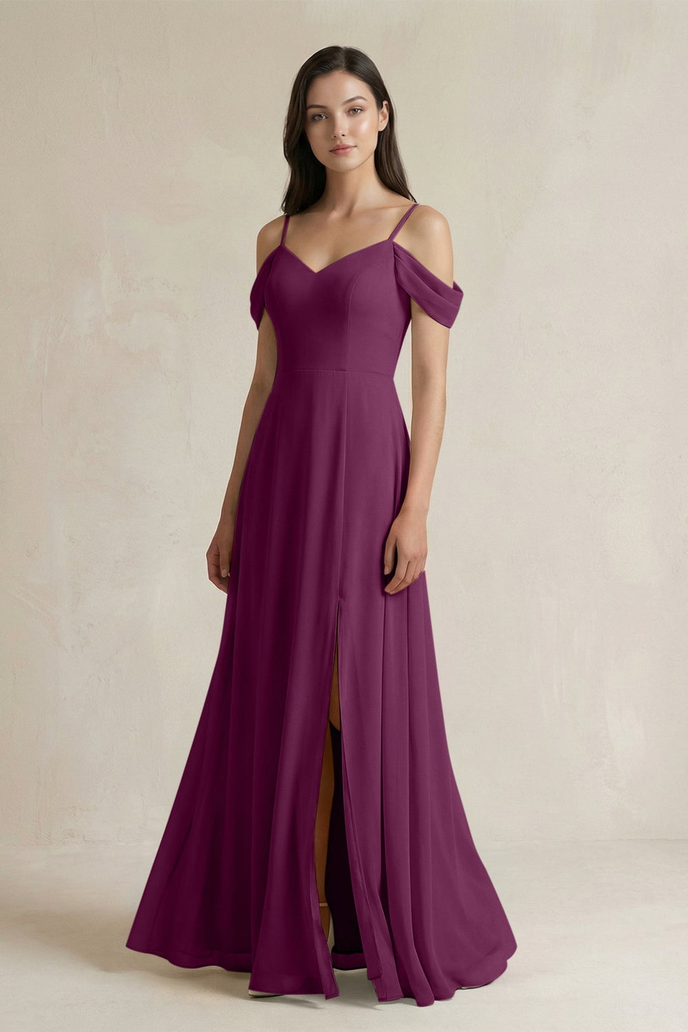 Off - the - Shoulder Chiffon A - Line Bridesmaid Dress in Fig - SHE IS ME Bridesmaid Dresses