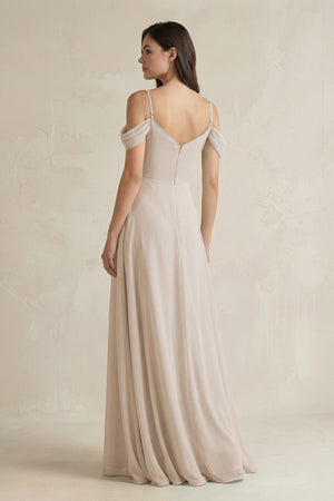 Off - the - Shoulder Chiffon A - Line Bridesmaid Dress in Frost - SHE IS ME Bridesmaid Dresses