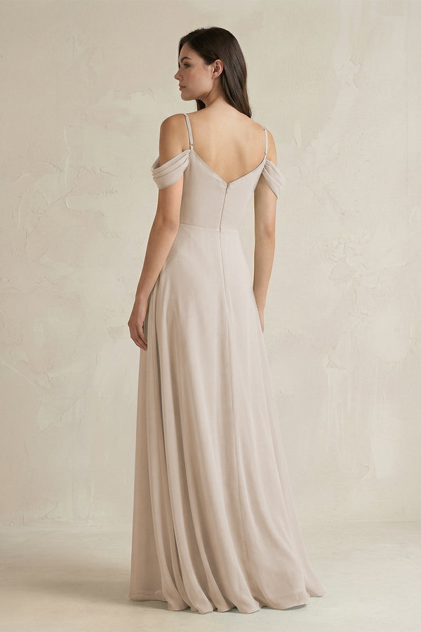 Off - the - Shoulder Chiffon A - Line Bridesmaid Dress in Frost - SHE IS ME Bridesmaid Dresses