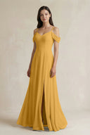 Off - the - Shoulder Chiffon A - Line Bridesmaid Dress in Marigold - SHE IS ME Bridesmaid Dresses