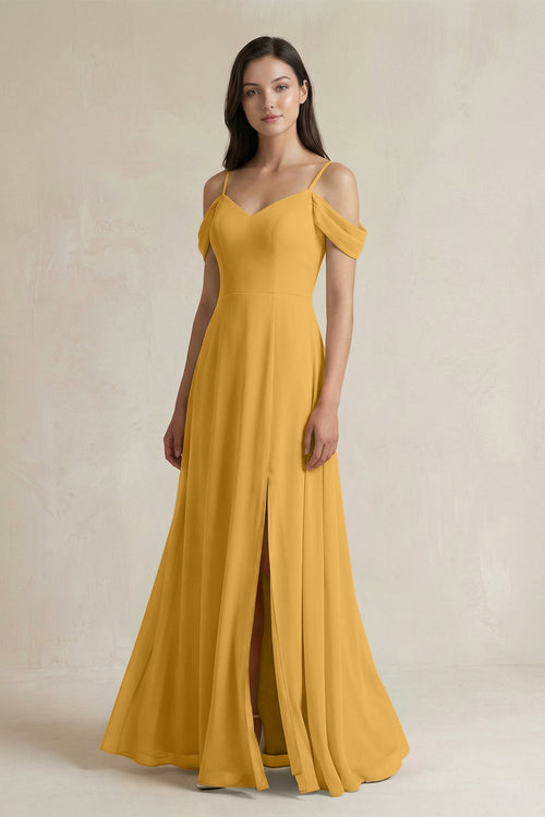 Off - the - Shoulder Chiffon A - Line Bridesmaid Dress in Marigold - SHE IS ME Bridesmaid Dresses