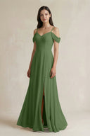 Off - the - Shoulder Chiffon A - Line Bridesmaid Dress in Moss - SHE IS ME Bridesmaid Dresses