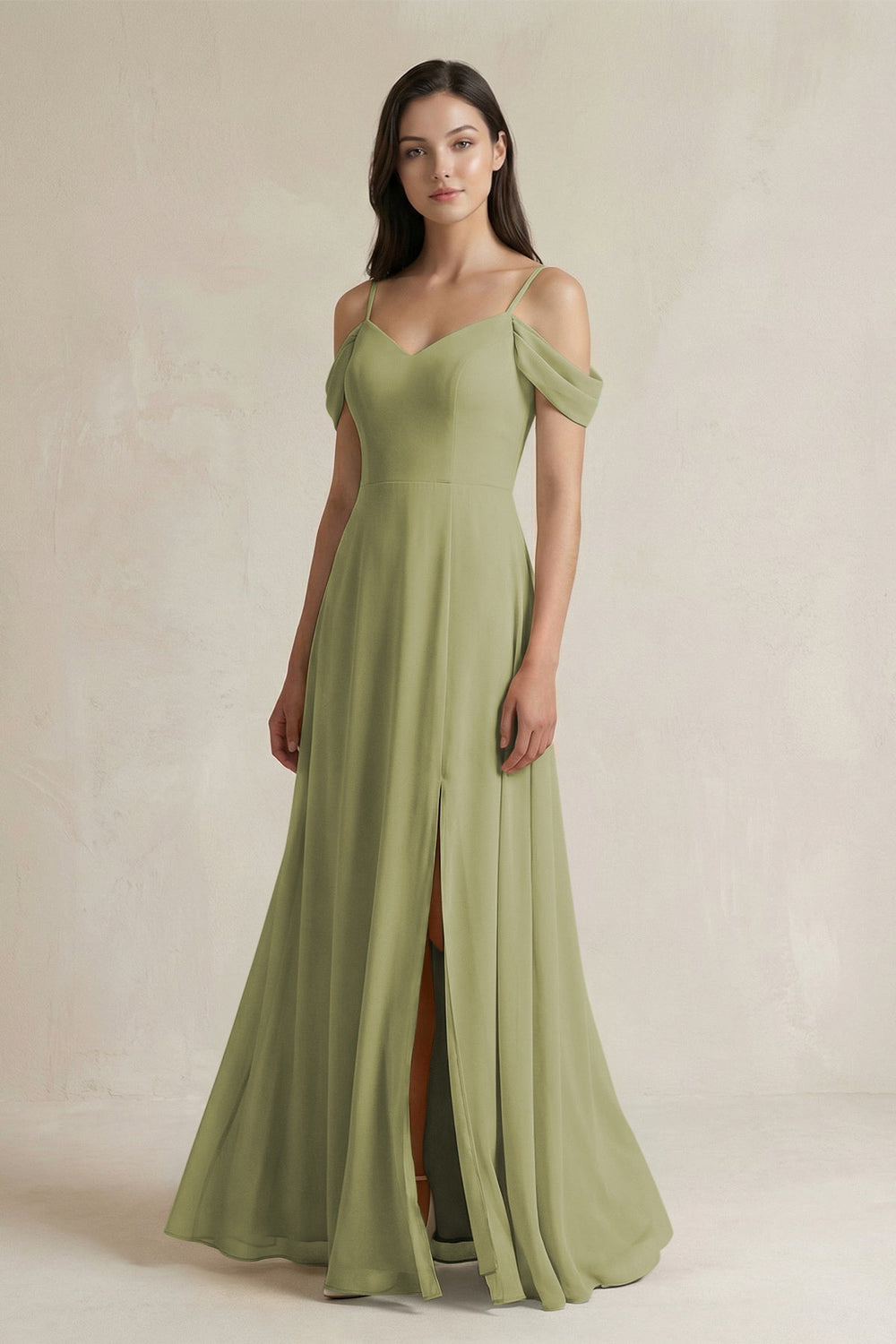 Off - the - Shoulder Chiffon A - Line Bridesmaid Dress in Moss Green - SHE IS ME Bridesmaid Dresses