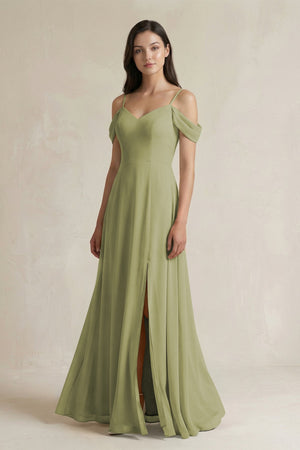 Off - the - Shoulder Chiffon A - Line Bridesmaid Dress in Moss Green - SHE IS ME Bridesmaid Dresses