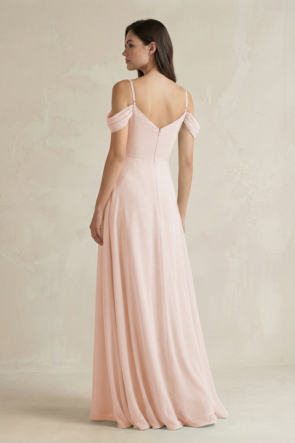 Off - the - Shoulder Chiffon A - Line Bridesmaid Dress in Pale Blush - SHE IS ME Bridesmaid Dresses