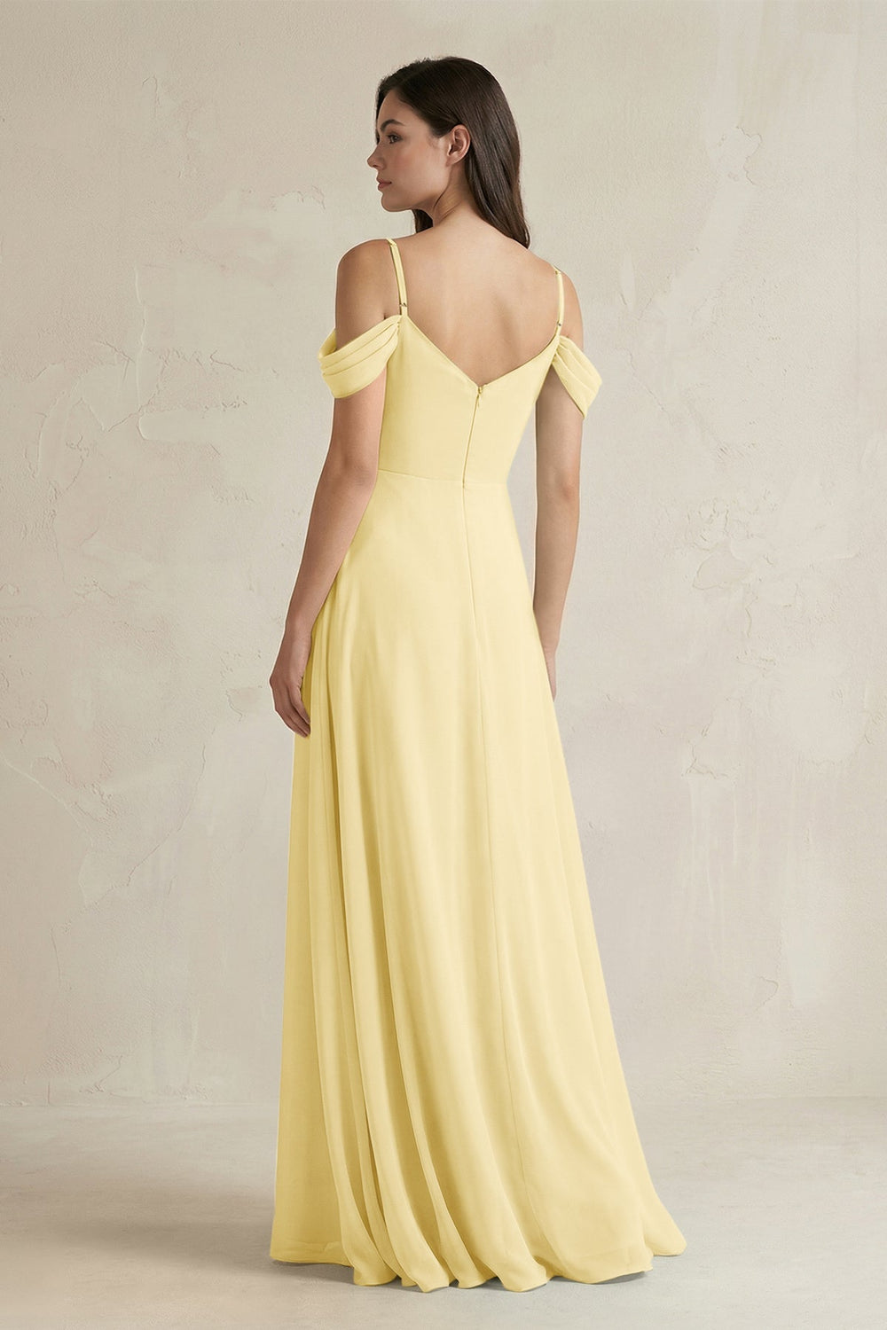Off - the - Shoulder Chiffon A - Line Bridesmaid Dress in Pastel Yellow - SHE IS ME Bridesmaid Dresses