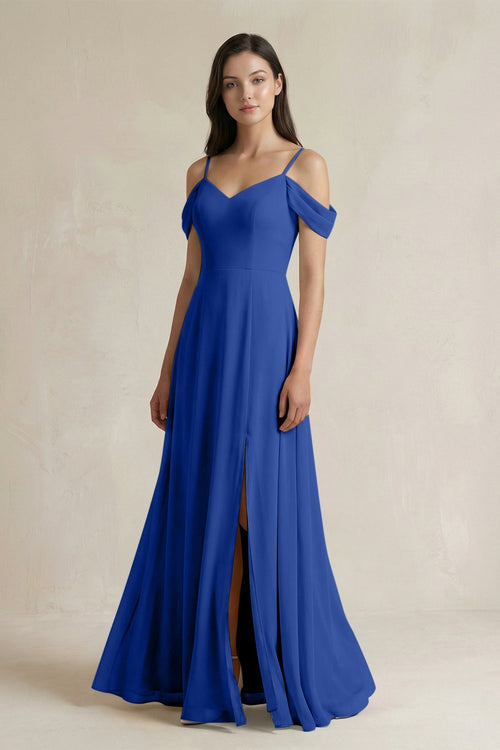 Off - the - Shoulder Chiffon A - Line Bridesmaid Dress in Royal Blue - SHE IS ME Bridesmaid Dresses